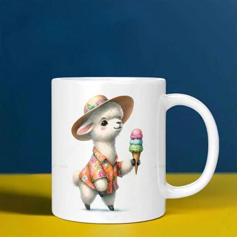 Tailorly White Ceramic 11 oz Mug - Cute Llama Wearing Sun Hat And Tropical Shirt Holding Ice Cream Cone Alpaca