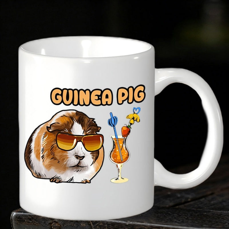 Tailorly White Ceramic 11 oz Mug - Guinea Pig Adorable Fluffy Pet Wearing Cool Sunglasses Beside A Tropical Fruity Beverage Guinea Pig
