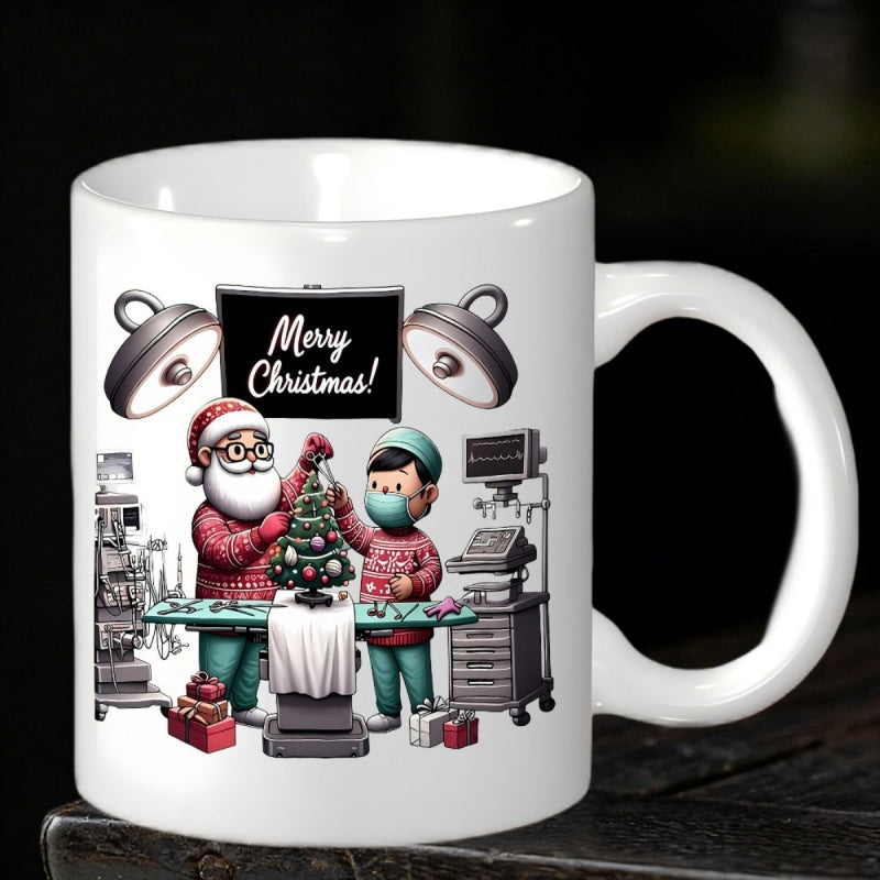 Tailorly White Ceramic 11 oz Mug - Merry Christmas Festive Santa Claus And Surgical Nurse Decorating Miniature Christmas Tree Santa