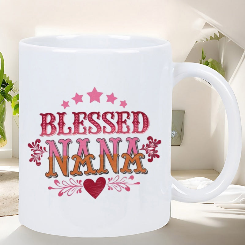 Tailorly White Ceramic 11 oz Mug - Blessed Nana Pink Stars With Heart And Decorative Floral Flourishes Mug