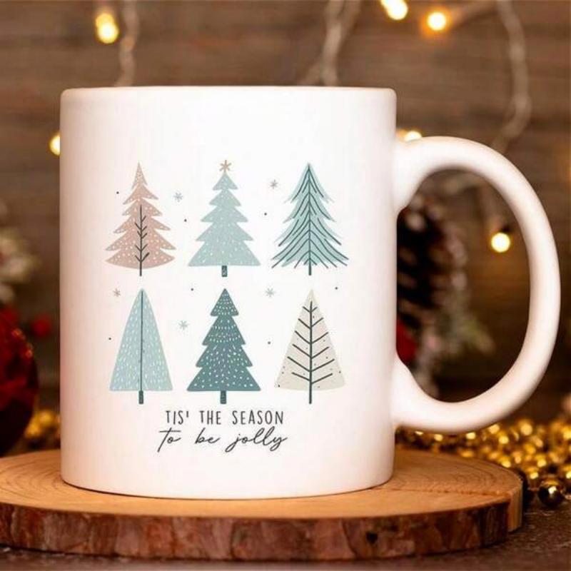 Tailorly White Ceramic 11 oz Mug - Tis The Season To Be Jolly Minimalist Pastel Hand Drawn Festive Forest With Decorative Snowflakes Tree