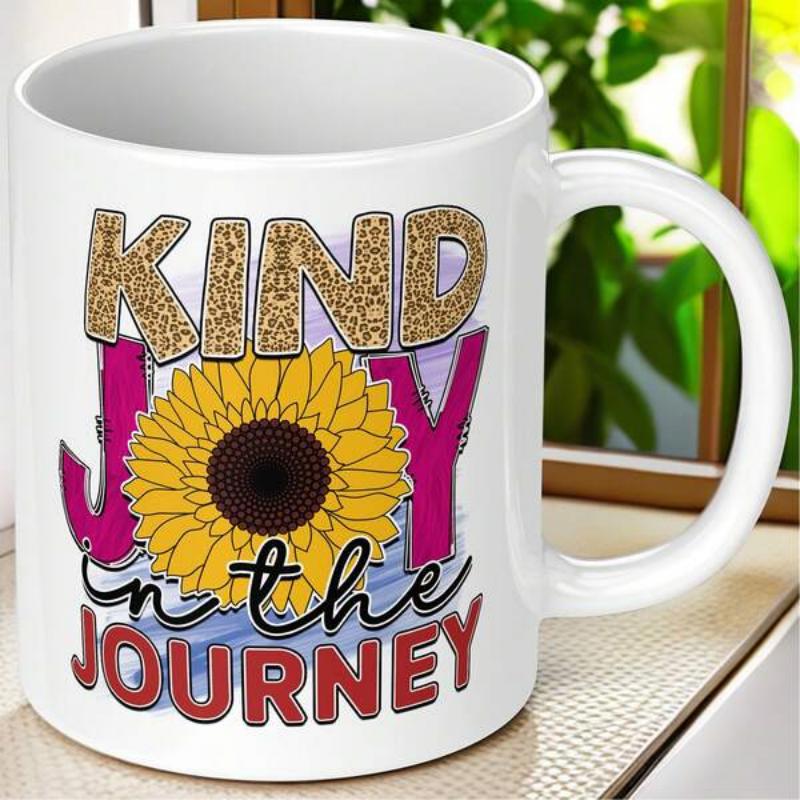 Tailorly White Ceramic 11 oz Mug - Kind Joy In The Journey Vibrant Blooming Yellow Petals Surrounded By Artistic Leopard Pattern Motivational Sunflower
