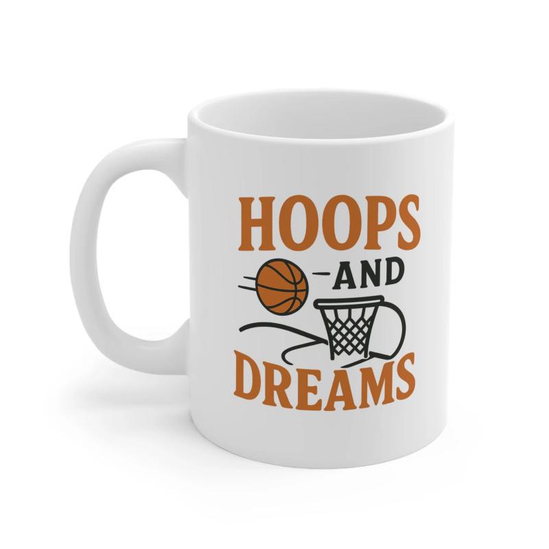 Tailorly White Ceramic 11 oz Mug - Hoops And Dreams Artistic Orange Basketball Soaring Towards A Classic Black Net Basketball