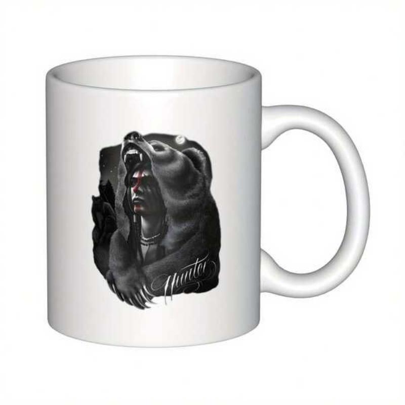 Tailorly White Ceramic 11 oz Mug - Hunter Fierce Warrior Wearing Bear Pelt Headdress With Claws Bear