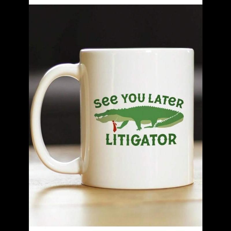Tailorly White Ceramic 11 oz Mug - See You Later Litigator Cartoon Green Alligator Wearing A Small Professional Red Business Necktie Alligator