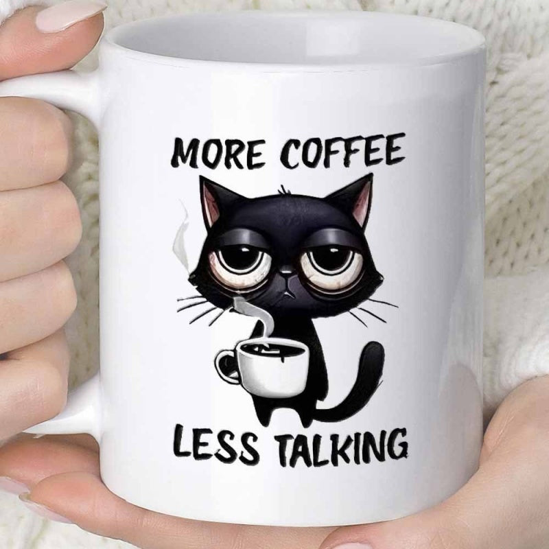 Tailorly White Ceramic 11 oz Mug - More Coffee Less Talking Grumpy Tired Black Feline Holding Steaming Morning Cup Of Hot Beverage Cat