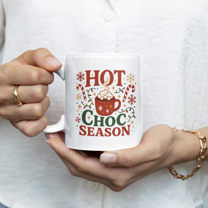 Tailorly White Ceramic 11 oz Mug - Hot Choc Season Festive Red Cup With Fluffy Marshmallows Surrounded By Snowflakes And Candy Canes Mug