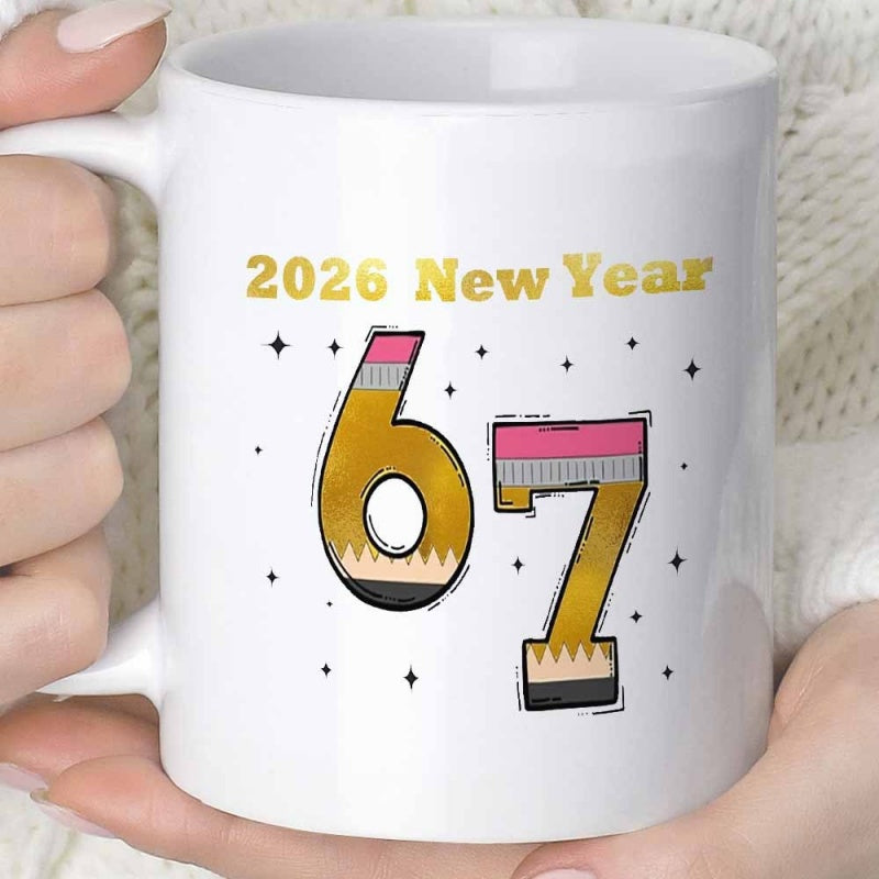 Tailorly White Ceramic 11 oz Mug - 2026 New Year 67 Artistic Number Shaped Pencils Featuring Golden Texture And Stars Pencil