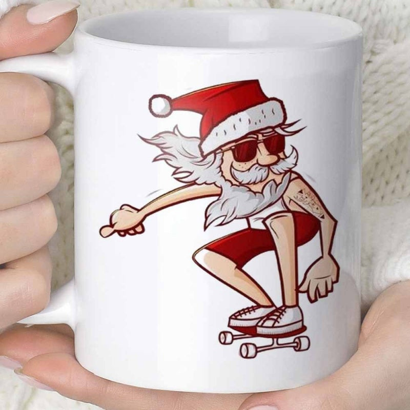 Tailorly White Ceramic 11 oz Mug - Cartoonish Figure Riding A Skateboard Wearing Sunglasses And Red Festive Hat Santa