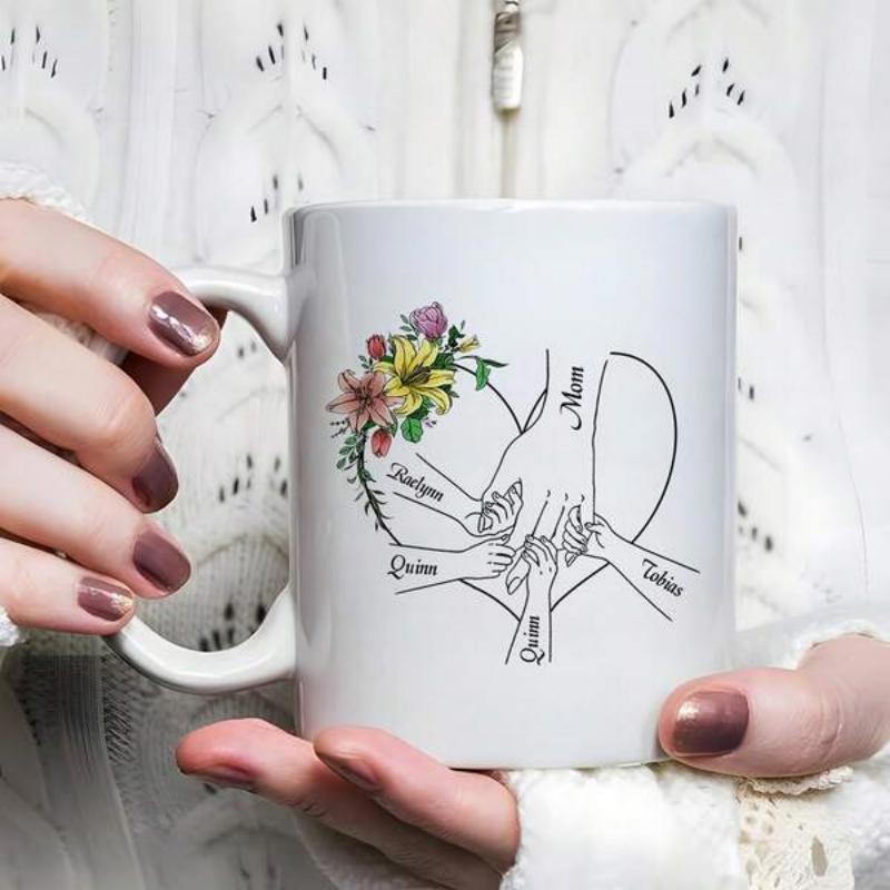 Tailorly White Ceramic 11 oz Mug - Mom Harilynn Quinn Cesar Tobias Elegant Floral Bouquet With Adult And Child Hands Forming A Majestic Heart