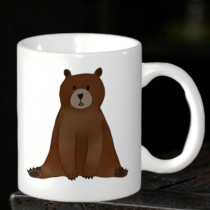 Tailorly White Ceramic 11 oz Mug - Simple Hand Drawn Style Sitting Brown Forest Wild Animal Bear