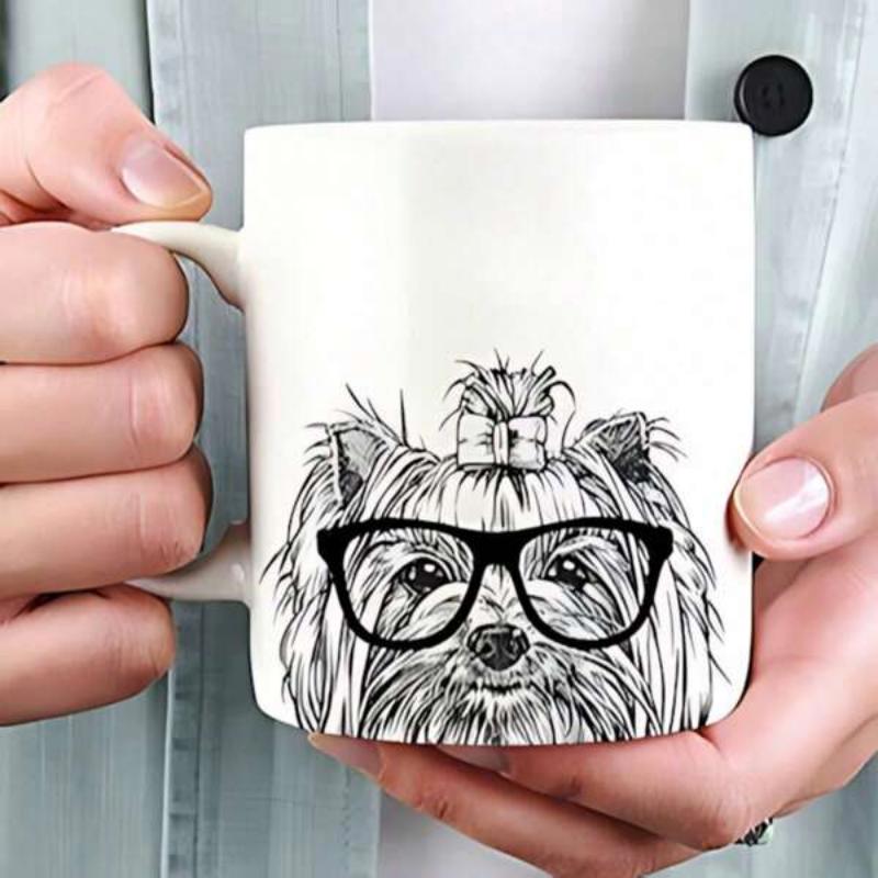 Tailorly White Ceramic 11 oz Mug - Hand Drawn Sketch Of A Fluffy Yorkie Wearing Big Black Glasses And Bow Yorkie