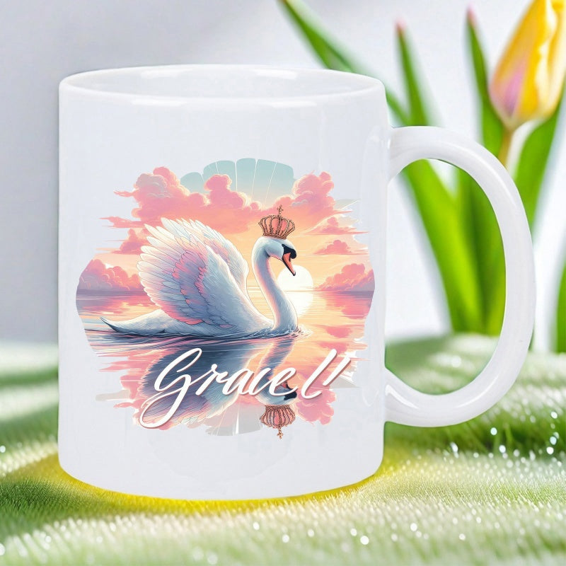 Tailorly White Ceramic 11 oz Mug - Grace Majestic White Wearing Golden Crown Gliding On Sunset Water Swan