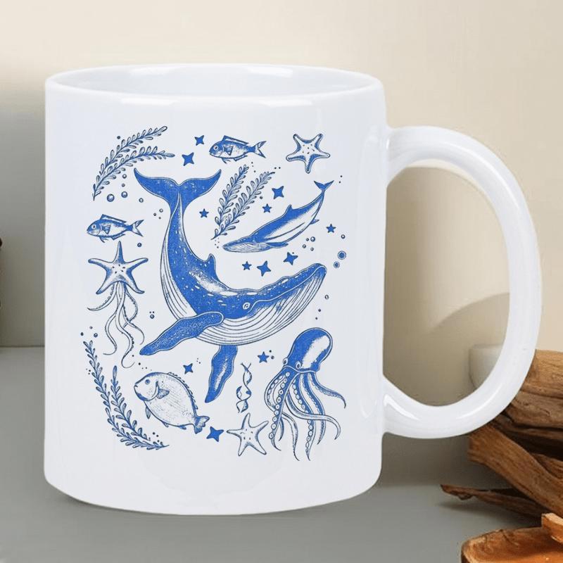 Tailorly White Ceramic 11 oz Mug - Blue Artistic Ocean Life Sketches With Jellyfish Starfish And Majestic Swimming Whale
