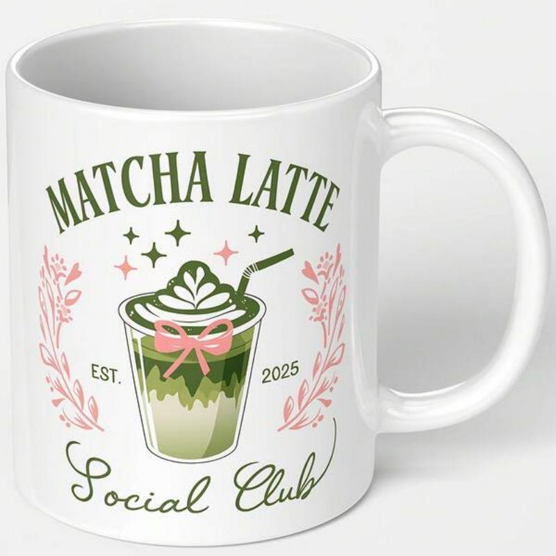 Tailorly White Ceramic 11 oz Mug - Matcha Latte Social Club Creamy Green Beverage With Pink Ribbon Among Delicate Floral Leaves Matcha Latte