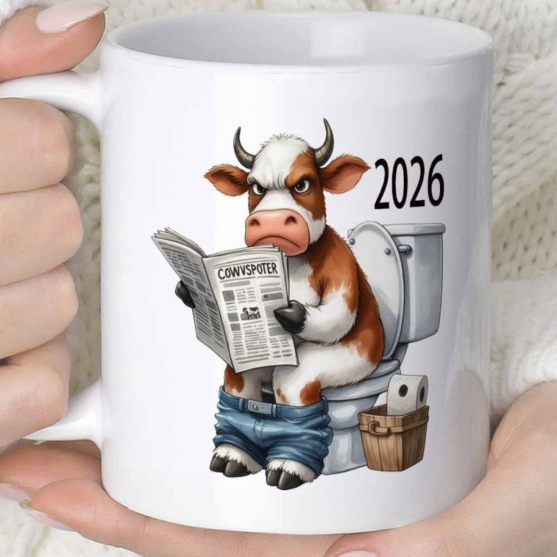 Tailorly White Ceramic 11 oz Mug - 2026 Grumpy Brown And White Bull Sitting On Toilet Reading Newspaper Cow