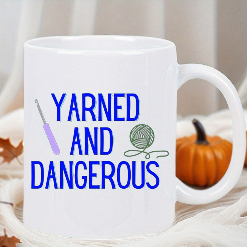 Tailorly White Ceramic 11 oz Mug - Yarned And Dangerous Purple Handled Crochet Hook Beside Green Ball Of Yarn Crafting Motif Mug