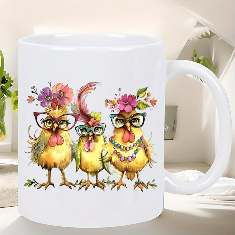 Tailorly White Ceramic 11 oz Mug - Three Whimsical Birds Wearing Artistic Glasses And Vibrant Floral Crowns Chickens