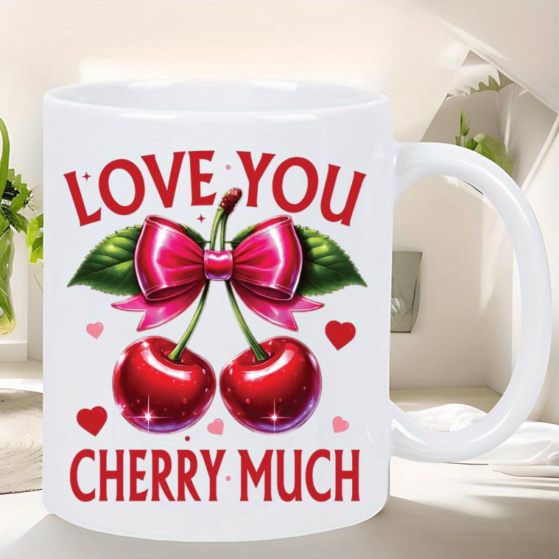 Tailorly White Ceramic 11 oz Mug - Love You Cherry Much Pair Of Ripe Red Fruit Featuring Decorative Pink Ribbon Bow And Leaves Cherries