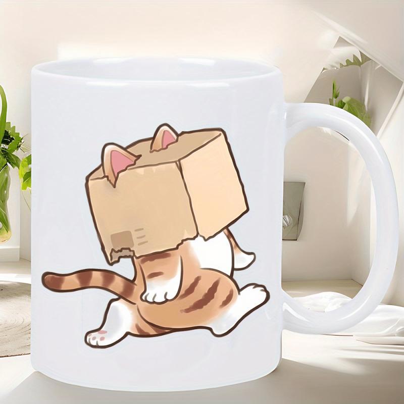 Tailorly White Ceramic 11 oz Mug - Playful Orange Tabby Walking With Head Inside Small Cardboard Box Cat