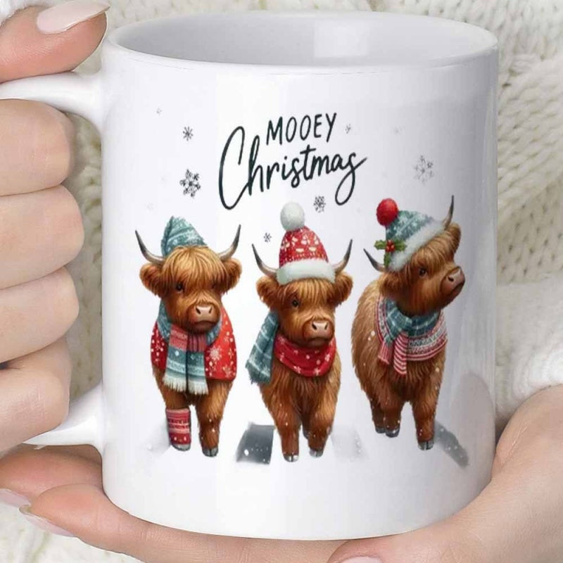Tailorly White Ceramic 11 oz Mug - Mooey Christmas Three Adorable Calves Wearing Festive Winter Hats And Scarves Among Snowflakes Highland Cows