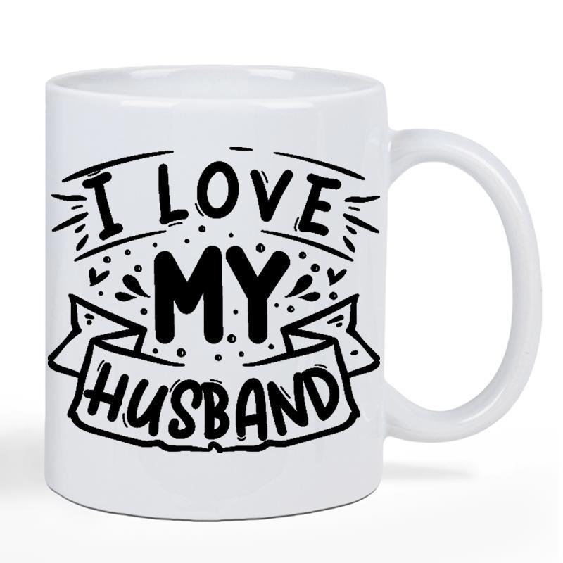 Tailorly White Ceramic 11 oz Mug - I Love My Husband Decorative Banner With Artistic Hearts And Radiating Burst Lines Ribbon