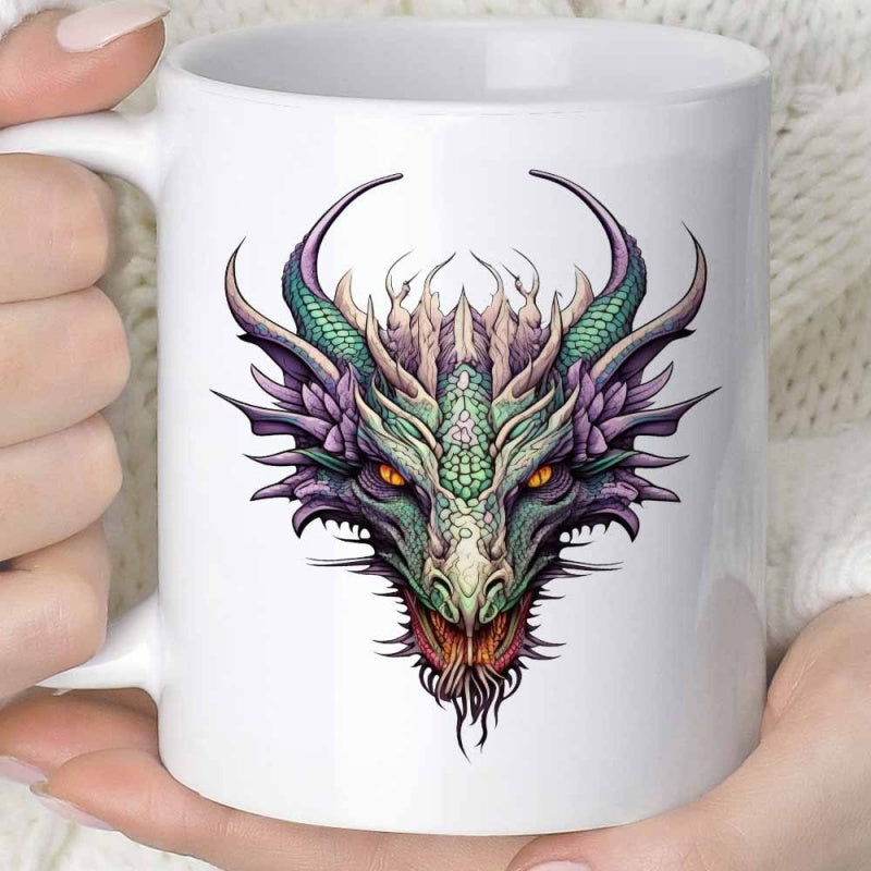 Tailorly White Ceramic 11 oz Mug - Majestic Mythical Creature Head With Intricate Scales And Glowing Orange Eyes Dragon