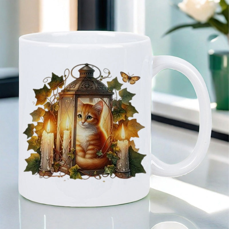 Tailorly White Ceramic 11 oz Mug - Glowing Lantern Surrounded By Ivy Leaves And Burning Melting Candles Cat