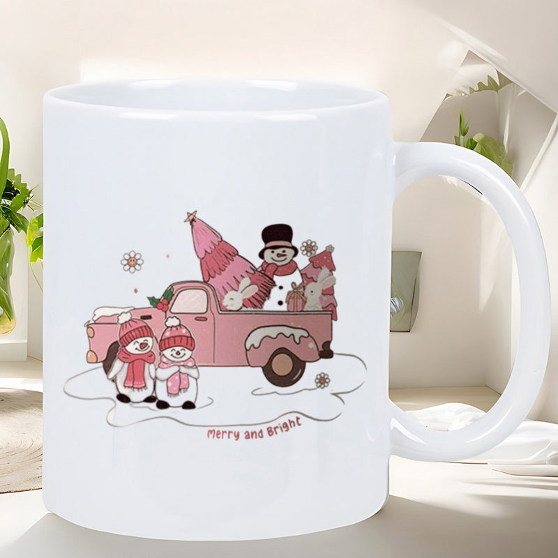 Tailorly White Ceramic 11 oz Mug - Merry And Bright Pink Vintage Pickup Carrying Snowmen Among Snowy Ground Truck
