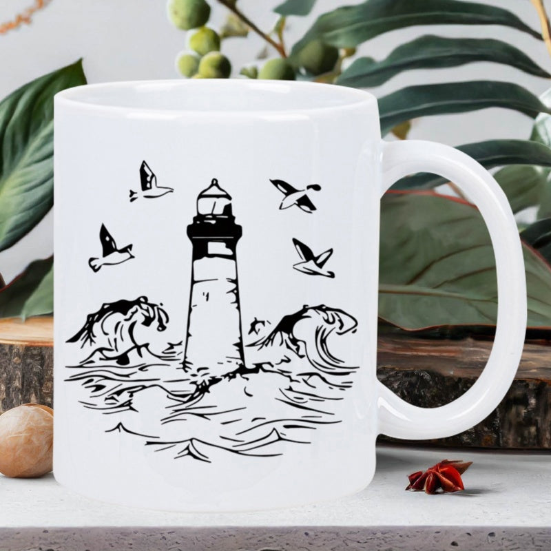 Tailorly White Ceramic 11 oz Mug - Minimalist Black Ink Illustration With Crashing Waves And Soaring Seagulls Lighthouse