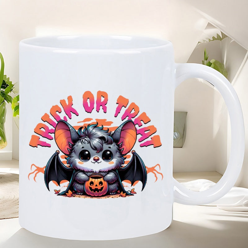 Tailorly White Ceramic 11 oz Mug - Trick Or Treat Adorable Cartoon Character Holding A Carved Pumpkin Under Glowing Sky Bat