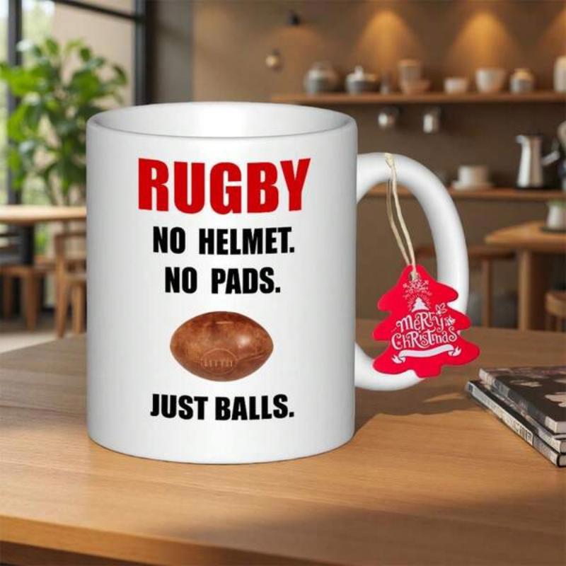 Tailorly White Ceramic 11 oz Mug - Rugby No Helmet No Pads Just Balls Merry Christmas Realistic Brown Textured Oval Ball Centered Upon A Clean Surface Rugby Ball