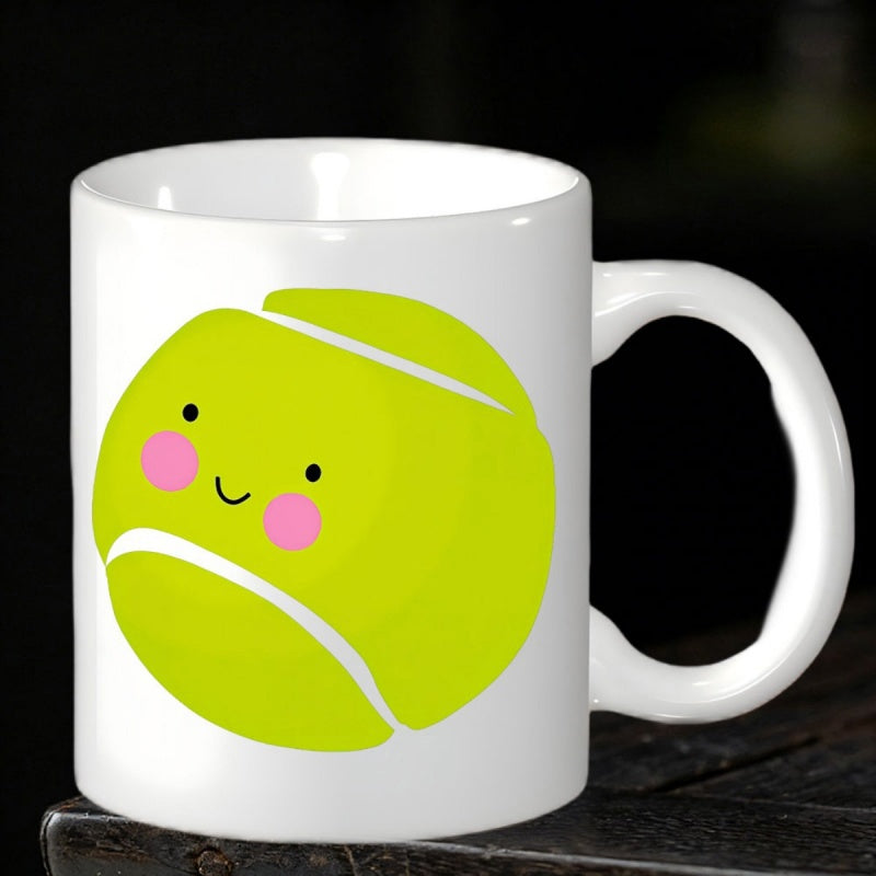 Tailorly White Ceramic 11 oz Mug - Vibrant Yellow Sphere Featuring Small Smiling Face And Rosy Cheeks Tennis Ball