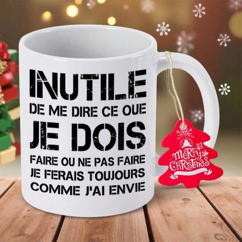 Tailorly White Ceramic 11 oz Mug - Merry Christmas Clean White Ceramic Coffee Cup On Natural Wood Background Table Mug