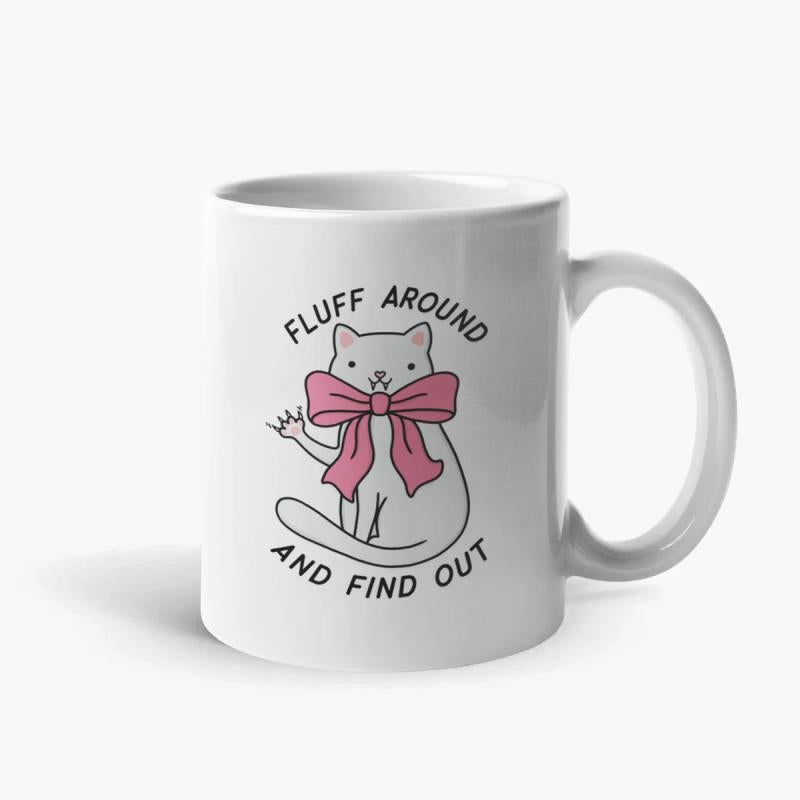 Tailorly White Ceramic 11 oz Mug - Fluff Around And Find Out Adorable Sitting Cartoon Kitten Wearing Large Pink Ribbon Bow Cat