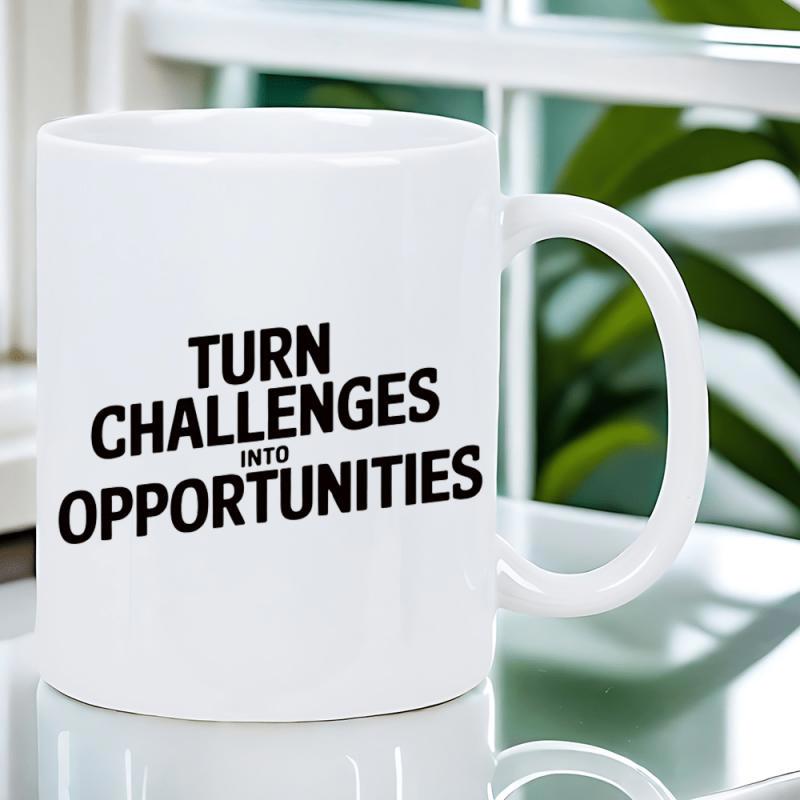 Tailorly White Ceramic 11 oz Mug - Turn Challenges Into Opportunities Minimalist White Ceramic Vessel Displaying Bold Motivational Inspirational Text Graphic Mug