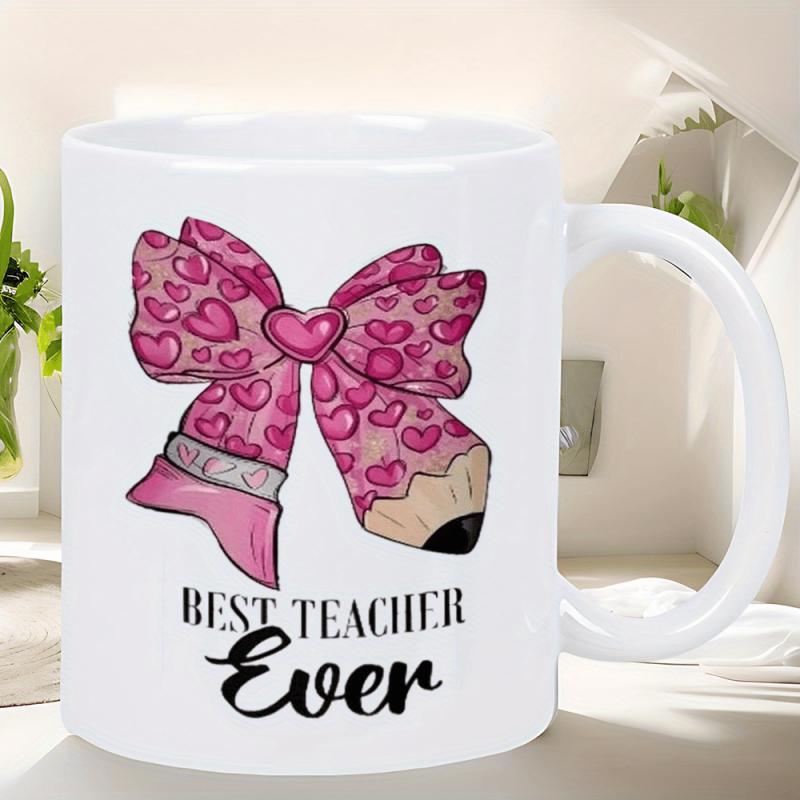 Tailorly White Ceramic 11 oz Mug - Best Teacher Ever Decorative Pink Heart Ribbon Patterned Classroom Theme Pencil Bow