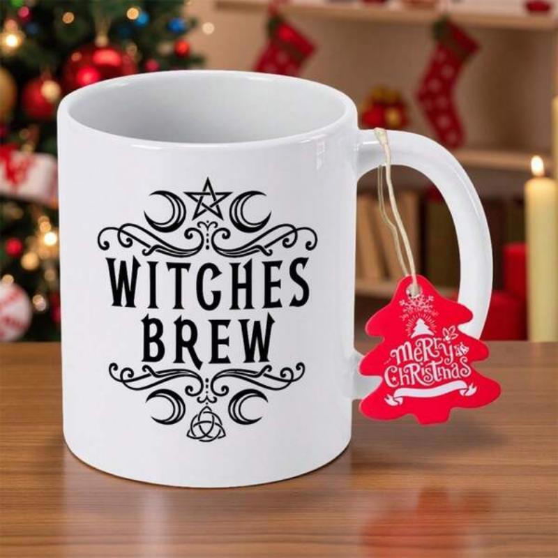 Tailorly White Ceramic 11 oz Mug - Witches Brew Elegant Occult Symbols With Crescent Moons And Mystical Pentagram Decoration Mug