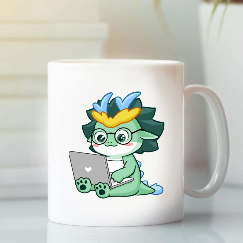 Tailorly White Ceramic 11 oz Mug - Adorable Cartoon Creature Wearing Black Glasses Operating A Sleek White Laptop Dragon