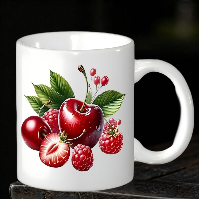 Tailorly White Ceramic 11 oz Mug - Lush Green Leaves Surrounding Ripe Red Raspberries And A Sliced Juicy Strawberry Cherries