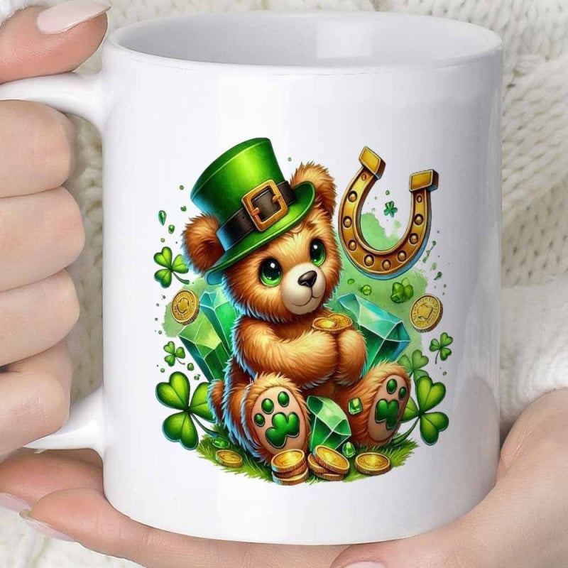 Tailorly White Ceramic 11 oz Mug - Cute St Patricks Day Leprechaun Holding Golden Coins Among Shamrocks Bear