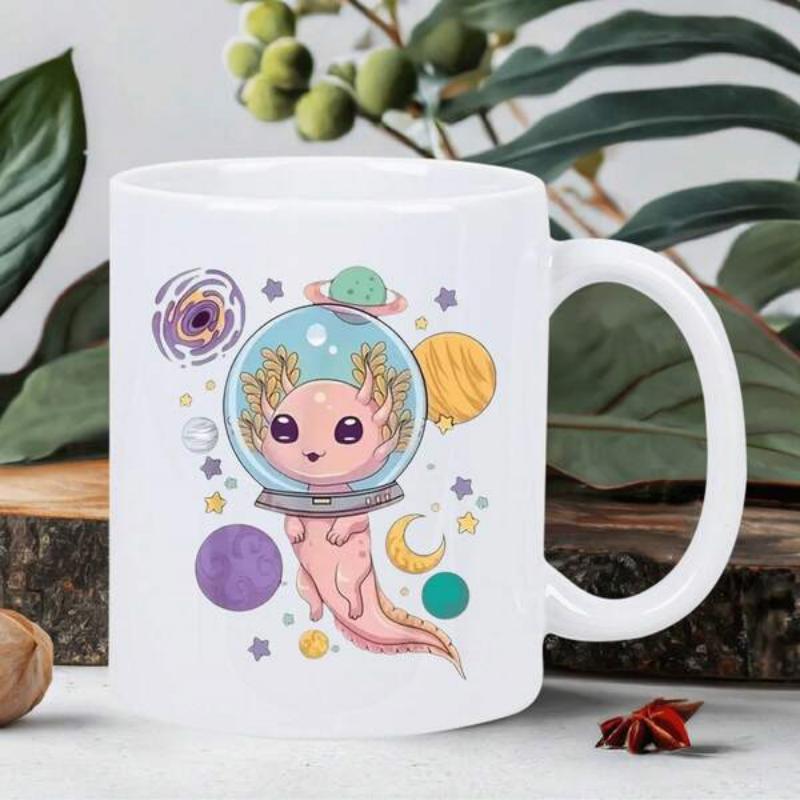 Tailorly White Ceramic 11 oz Mug - Cute Pink Axolotl Astronaut Floating Among Colorful Planets And Stars Axolotl
