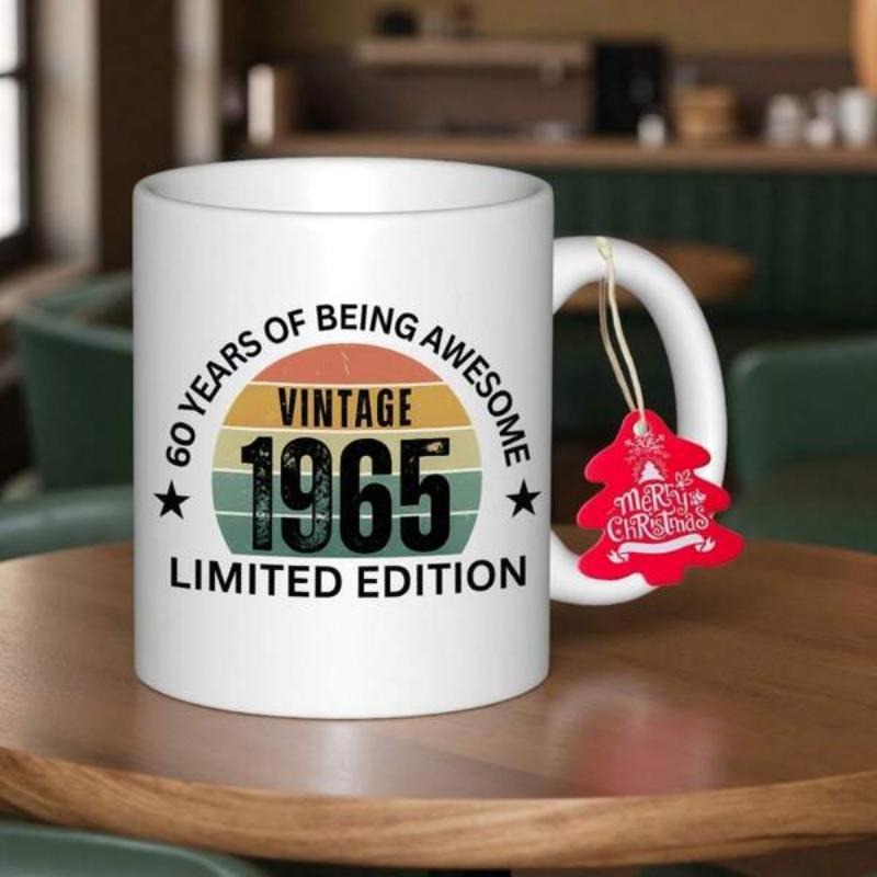 Tailorly White Ceramic 11 oz Mug - 60 Years Of Being Awesome Vintage 1965 Limited Edition Vintage Sunset Design With Horizontal Stripes For Birthday Celebration