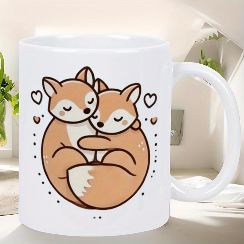 Tailorly White Ceramic 11 oz Mug - Adorable Cartoon Foxes Cuddling Together Surrounded By Tiny Floating Hearts Fox