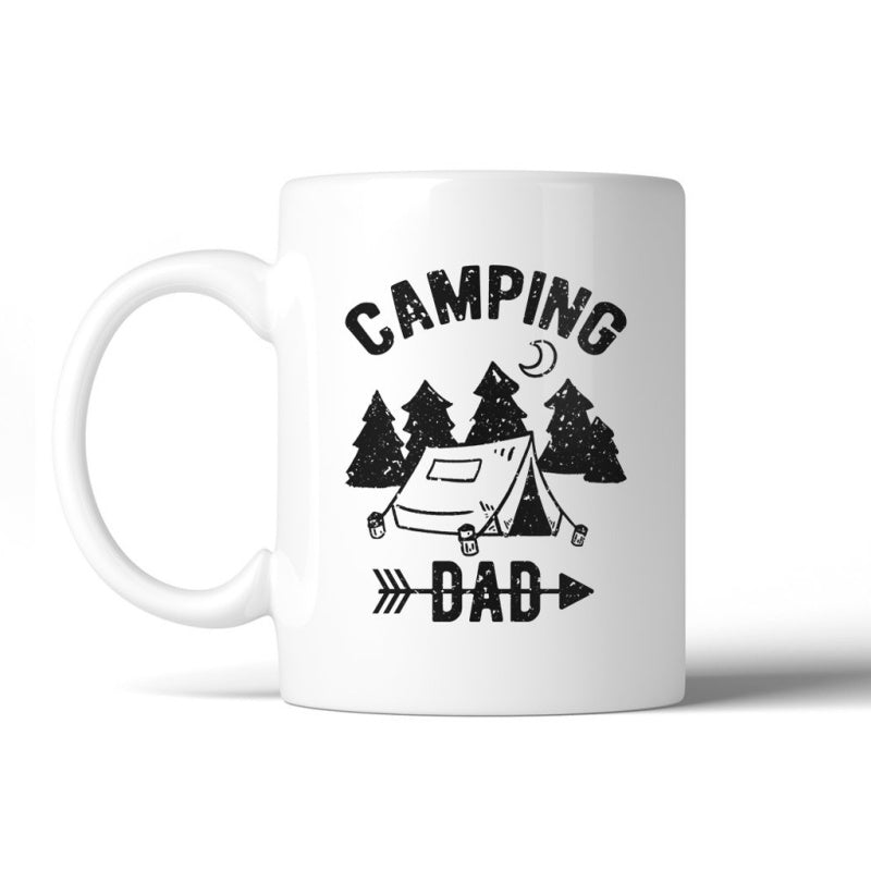 Tailorly White Ceramic 11 oz Mug - Camping Dad Vintage Rustic Night Scene With Pine Trees And Crescent Moon Tent