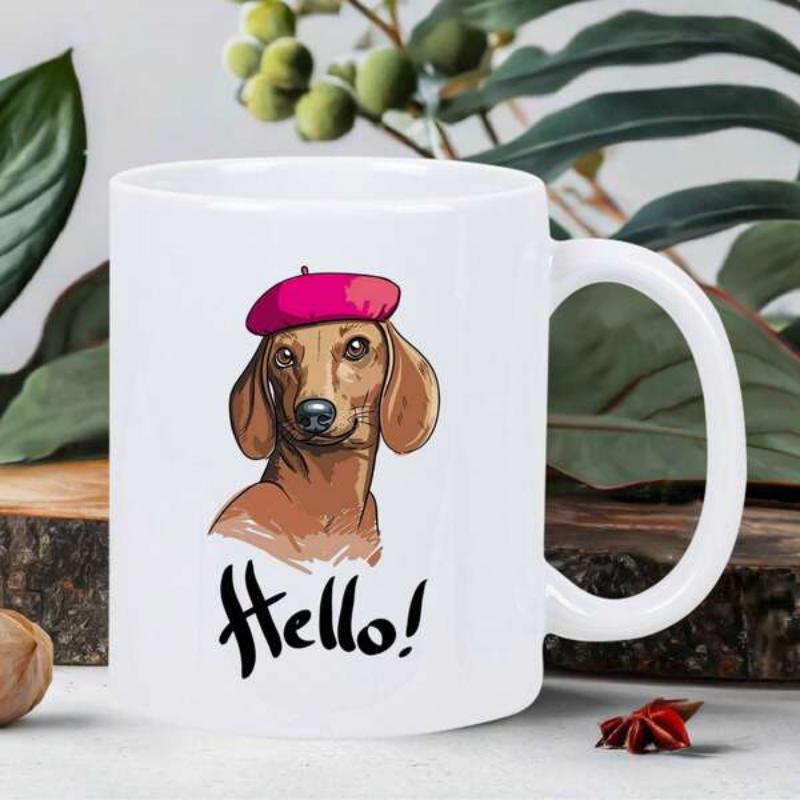 Tailorly White Ceramic 11 oz Mug - Hello Stylish Brown Dog Wearing A Pink Beret In Artistic Sketch Style Dachshund