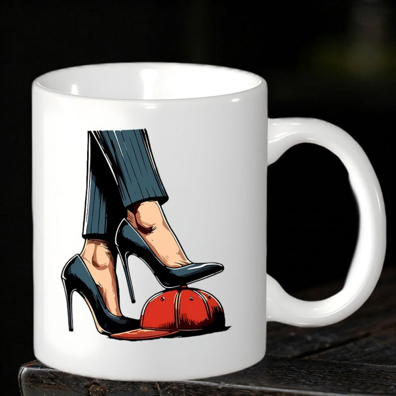 Tailorly White Ceramic 11 oz Mug - Elegant Female Legs In Pinstripe Pants Wearing Black Stilettos