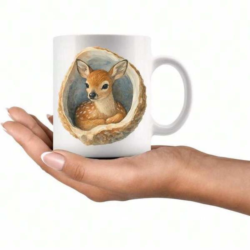 Tailorly White Ceramic 11 oz Mug - Sweet Little Fawn Resting Within A Rustic Textured Wooden Tree Deer