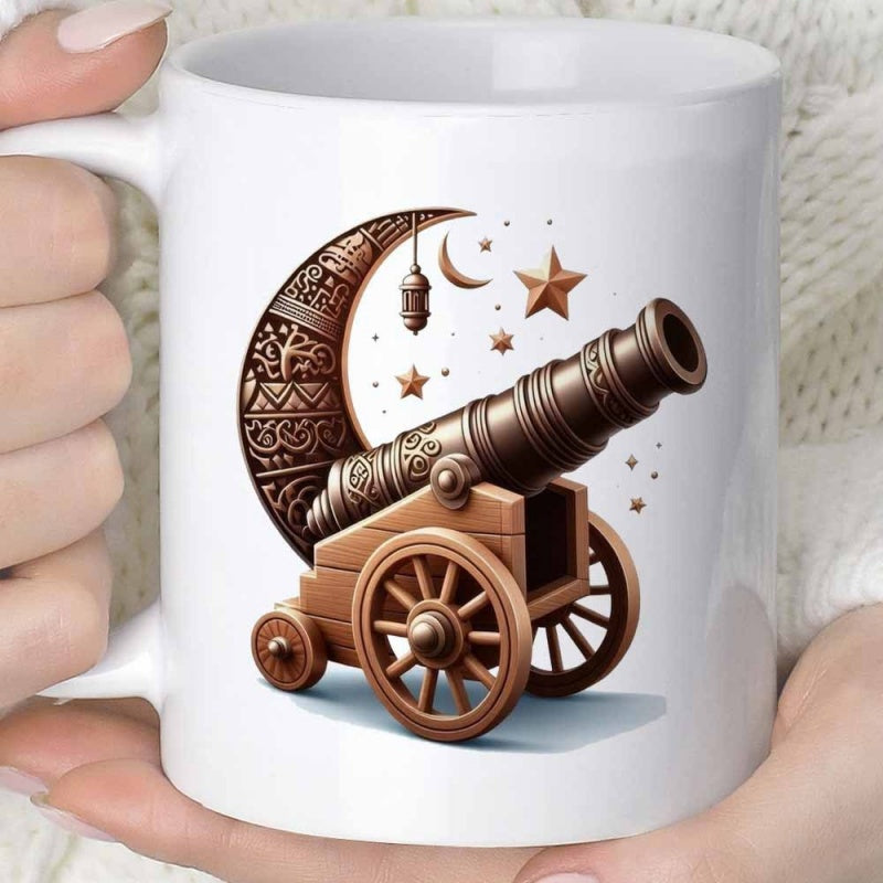 Tailorly White Ceramic 11 oz Mug - Traditional Wooden Positioned Before Intricate Crescent Moon Under Stars Cannon