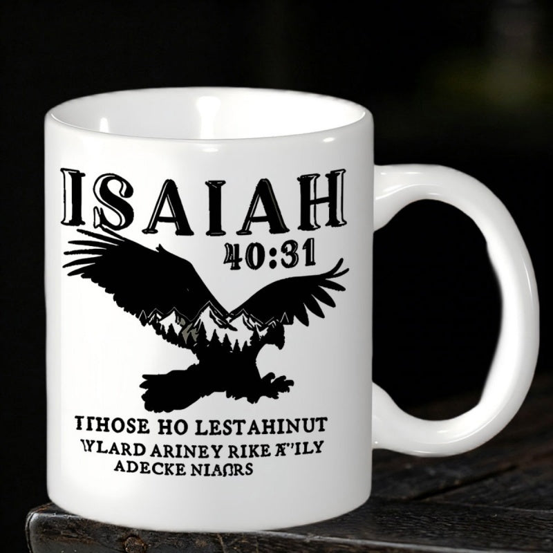 Tailorly White Ceramic 11 oz Mug - Isaiah 40 31 Majestic Soaring Silhouette With Mountain Forest Landscape Under Wide Open Sky Eagle